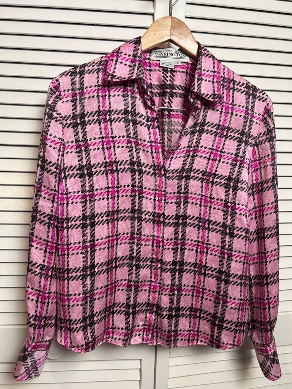 Vintage Pink Purple Black Plaid Button-Up Shirt hidden buttons chain cuff button